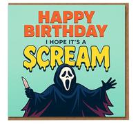 Funny Horror Birthday Card - Happy Birthday I Hope It's a Scream - Spooky Masked Ghost Design with Dripping Text - Humorous Scary Movie Fan Card