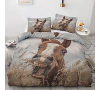 Funny Horse Double Duvet Cover Set 3 Pieces - Rustic Farm Animal Quilt Cover with 2 Pillowcases 50x75cm, Reversible Soft Microfiber Bedding Set with Zipper Closure 200x200 cm