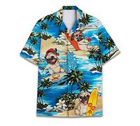 Funny Horse Hawaiian Shirts for Men Women, Love Horse Racing Hawaiian Summer Short-Sleeve Casual Relaxed-Fit Button-Down, Pug Surfing, 3X-Large