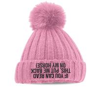 Funny Horse Riding Faux Fur Pop Pom Beanie Embroidered If You Can Read This Help Me Find My Horse Autumn Winter Ribbed Knit Embroidery Hat, One Size, Dusty Pink