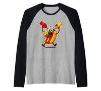 Funny Hot-Dog Cartoon with Ketchup and Mustard Food Lover Raglan Baseball Tee