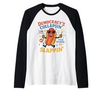 Funny Hot Dog Democracy's Collapsing 4th July Raglan Baseball Tee