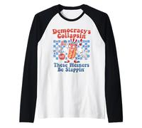 Funny Hot Dog Democracy's Collapsing 4th July Raglan Baseball Tee