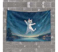 Funny House Decor A Happy White Cat Floating in The Night Sky Over A Serene Lake Tapestry Man CABE Decor Tapastry'S Wall Hanging(75X100CM)