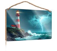 Funny House Decor A Lighthouse Stands Tall As Lightning Strikes The Ocean Mancave Signs and Decor Fall Porch Sign(15X28CM)