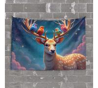 Funny House Decor Deer with Colorful Birds On Antlers in A Starry Sky Tapestry Man Cave Decor and Accessories Funny Tapestry(100X150CM)