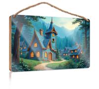 Funny House Decor Enchanted Forest Village At Twilight Wooden Sign Restroom Decor Signs for Kitchen(20X30CM)