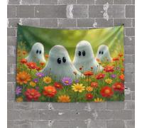 Funny House Decor Five Cute Ghosts in A Colorful Flower Field Tapestry Cool Room Accessories for Teens Boys Man CABE Deco(100X150CM)