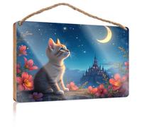Funny House Signs Cat Dreams Under The Moonlit Sky Wooden Sign Door Hanging Decoration Restroom Decor(20X30CM)