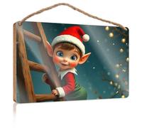 Funny House Signs Christmas Elf Climbing Ladder In Magical Night Wooden Sign Door Hanging Decoration Restroom Decor(20X30CM)