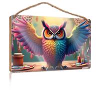 Funny House Signs Colorful Owl in Art Studio Wooden Sign Door Hanging Decoration Restroom Decor(23X35CM)