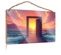 Funny House Signs Door to Serenity: Sunset Over The Sea Wooden Sign Door Hanging Decoration Restroom Decor(23X35CM)