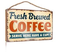 Funny House Signs Fresh Brewed Coffee: Serve Here, Have A Cup! Wooden Sign Door Hanging Decoration Restroom Decor(23X35CM)
