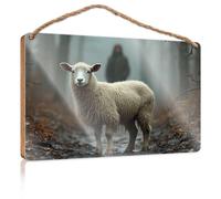Funny House Signs Lonely Sheep in The Foggy Forest Wooden Sign Door Hanging Decoration Restroom Decor(23X35CM)