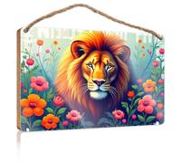 Funny House Signs Nature's Majesty: Lion Amidst Flowers Wooden Sign Door Hanging Decoration Restroom Decor(23X35CM)