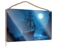 Funny House Signs Night Voyage Under The Full Moon Wooden Sign Door Hanging Decoration Restroom Decor(20X30CM)