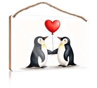 Funny House Signs Penguins Holding Hands with Heart Balloon Wooden Sign Door Hanging Decoration Restroom Decor(23X35CM)