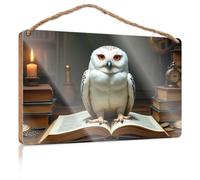 Funny House Signs Snowy Owl in The Library of Knowledge Wooden Sign Door Hanging Decoration Restroom Decor(15X28CM)
