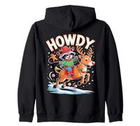 Funny Howdy Christmas Raccoon Cowboy Riding Reindeer Zip Hoodie