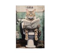 Funny Humorous Restroom Cat On Toilet Art Print Cat Reading Newspaper Painting of Kitten Bathroom Poster Modern Home Décor Vintage Art