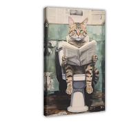 Funny Humorous Restroom Cat On Toilet Art Print Cat Reading Newspaper Painting of Kitten Bathroom Poster Modern Home Décor Vintage Art