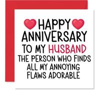 Funny Husband Anniversary Card - Adorable Flaws - Cheeky Happy Anniversary Card for Husband from Wife Partner, 145mm Joke Humour Anniversaries Greeting Cards