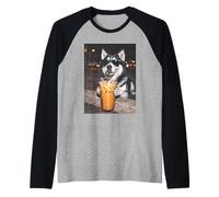Funny Husky Drinking Iced Coffee Siberian Husky Meme Raglan Baseball Tee