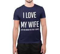 Funny I Love My Wife Yes She Bought Me This T-Shirt Gift for Husband T-Shirt (Navy Blue, Medium)