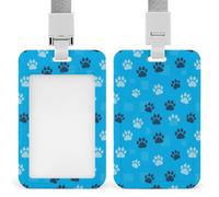 Funny ID Badge Holder Blue Puppy Pug Dog Paw Print Badge Protector Cover Case, Hard Plastic ID Card Sleeve with Lanyard Name Tag Holder for Office Worker
