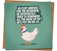 Funny Interview/CV Lies Chicken Greeting Card - Rude Humor New Job/Good Luck Card - 145mm x 145mm - Blank Inside - Includes Kraft Envelope