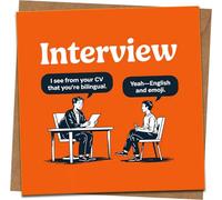 Funny Interview Greeting Card - English and Emoji Bilingual Joke - 145mm x 145mm - Blank Inside - Office Humor for New Job, Birthday, Congratulations - With Kraft Envelope
