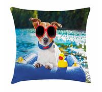 Funny, Jack Russell Dog With Sunglasses Sitting On The Lake Beach Puppy At Beach Picture Cushion Covers Lovely Pillowcase Fluffy Throw Pillow Case For Living Room Anniversary Car 45X45Cm