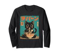 Funny Japanese Black Kitten Cat Eat Ramen and Scroll Phone Long Sleeve T-Shirt