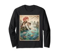 Funny Japanese Calico Cat Touching Koi Fish Red Moon Sakura Long Sleeve T-Shirt