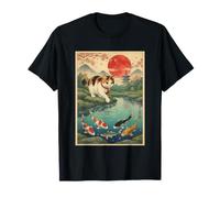 Funny Japanese Calico Cat Touching Koi Fish Red Moon Sakura T-Shirt