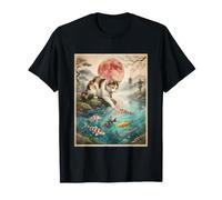 Funny Japanese Calico Cat Touching Koi Fish Red Moon Sakura T-Shirt
