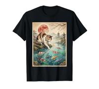 Funny Japanese Calico Cat Touching Koi Fish Red Moon Sakura Value Graphic T-Shirt, Men, Black, L
