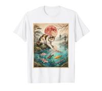Funny Japanese Calico Cat Touching Koi Fish Red Moon Sakura Value Graphic T-Shirt, Men, White, L