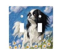 Funny Japanese Chin Dog Decorative Switch Cover 2 Gang Double Toggle, Spring Daisy Flowers Chien Switchcover Wall Plate, Puppy Electrical Faceplate for Bedroom Living Room Decor