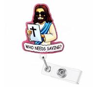 Funny Jesus Badge Reel Who Needs Saving Nurse Nursing Badge Holder with 24” Durable Nylon Cord Retractable Nurse Name Tag ID Card Decoration for RN CNA LPN MA Medical Worker