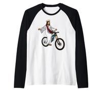 Funny Jesus Bicycle Illustration Riding a Mountainbike Raglan Baseball Tee