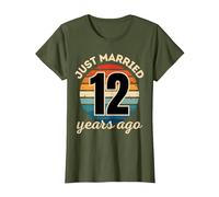 Funny JUST Married 12 Year Wedding Anniversary Matching T-Shirt, Women, Olive Green, Medium