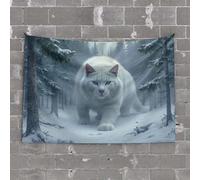 Funny Kitchen Decor A Large White Cat Walks Through A Snowy Forest Tapestry Things for Boys Room Things for Boys Room(100X150CM)