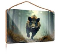 Funny Kitchen Decor A Wild Boar Charging Through A Misty Forest Wooded Sign Funny Bathroom Sign Wall Art Pool Stuff(15X28CM)
