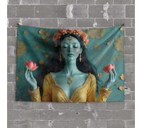 Funny Kitchen Decor A Woman Adorned with Flowers Holds Lotus Blossoms Tapestry Funny Room Decor Wall Tapestry College(100X150CM)