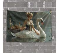 Funny Kitchen Decor A Woman in A Swan Dress Sits Beside A Steampunk Boat On A Serene Lake Tapestry Vintage Decor Tapistreys for Room(100X150CM)