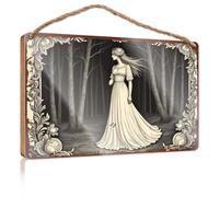 Funny Kitchen Decor A Woman in A White Dress Walks Through A Dark Forest Signs & Plaques Fall Door Decor(15X28CM)