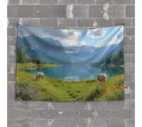 Funny Kitchen Decor Sheep Grazing by A Serene Lake Surrounded by Mountains Tapestry Vintage Decor Tapistreys for Room(100X150CM)