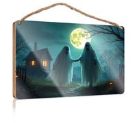 Funny Kitchen Decor Two Ghosts Holding Hands Under A Full Moon Wooded Sign Apartment Decor Fall Office Decor(20X30CM)