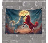 Funny Kitchen Decor Two Wolves White and Red Stand Under A Full Moon Tapestry Things for Boys Room Things for Boys Room(100X150CM)